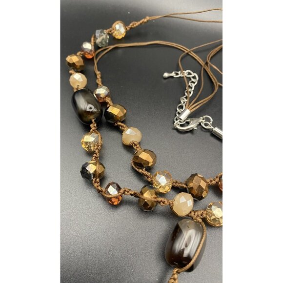 Champagne Root Beer Tassel Necklace 2 Strand Copper Glass Bead AB Macrame Cord - Picture 6 of 9